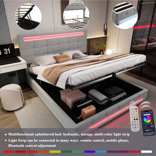 Upholstered Bed, Hydraulic Bed, Adults Teenagers 4ft6 Double Bed 135x190cm, Square Embellishment, With 7colors LED-light Strips, Velvet Iron, Grey