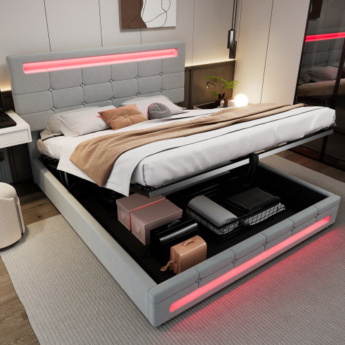 Upholstered Bed, Hydraulic Bed, Adults Teenagers 4ft6 Double Bed 135x190cm, Square Embellishment, With 7colors LED-light Strips, Velvet Iron, Grey