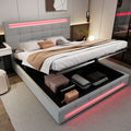 Upholstered Bed, Hydraulic Bed, Adults Teenagers 4ft6 Double Bed 135x190cm, Square Embellishment, With 7colors LED-light Strips, Velvet Iron, Grey