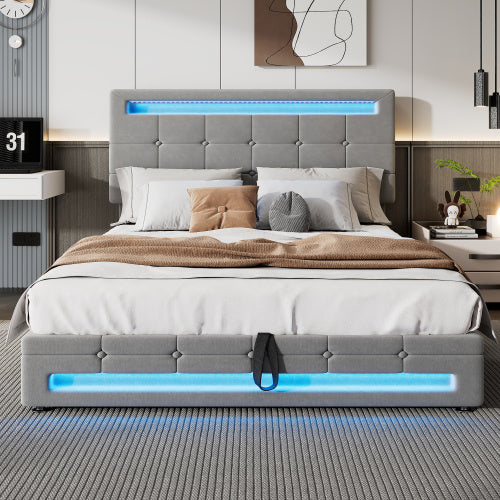 Upholstered Bed, Hydraulic Bed, Adults Teenagers 4ft6 Double Bed 135x190cm, Square Embellishment, With 7colors LED-light Strips, Velvet Iron, Grey