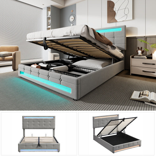Upholstered Bed, Hydraulic Bed, Adults Teenagers 4ft6 Double Bed 135x190cm, Square Embellishment, With 7colors LED-light Strips, Velvet Iron, Grey