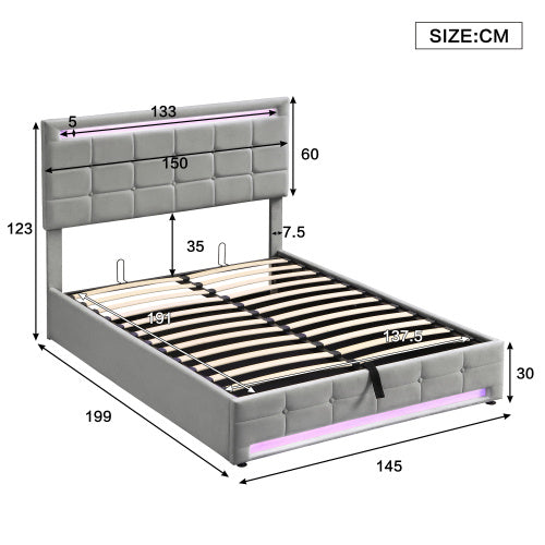 Upholstered Bed, Hydraulic Bed, Adults Teenagers 4ft6 Double Bed 135x190cm, Square Embellishment, With 7colors LED-light Strips, Velvet Iron, Grey