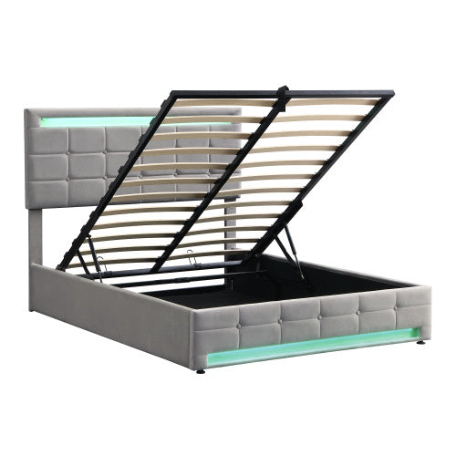 Upholstered Bed, Hydraulic Bed, Adults Teenagers 4ft6 Double Bed 135x190cm, Square Embellishment, With 7colors LED-light Strips, Velvet Iron, Grey