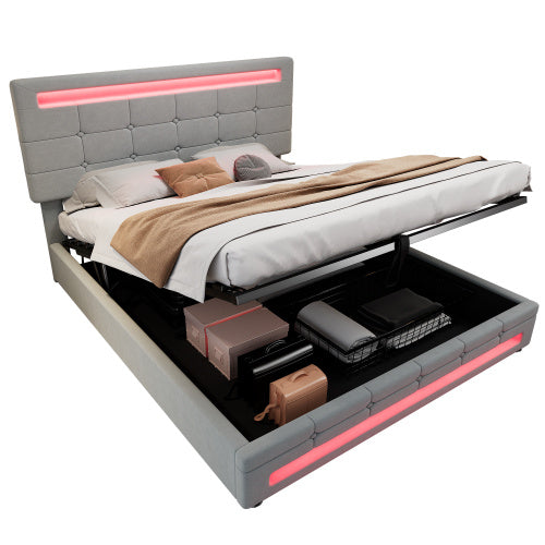 Upholstered Bed, Hydraulic Bed, Adults Teenagers 4ft6 Double Bed 135x190cm, Square Embellishment, With 7colors LED-light Strips, Velvet Iron, Grey