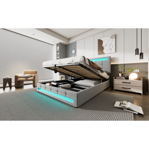 Upholstered Bed, Hydraulic Bed, Adults Teenagers 4ft6 Double Bed 135x190cm, Square Embellishment, With 7colors LED-light Strips, Velvet Iron, Grey