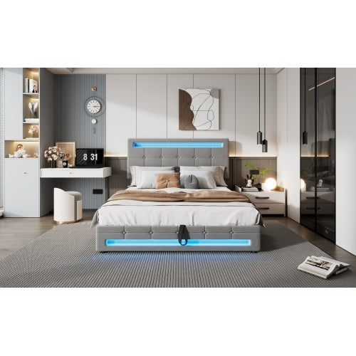 Upholstered Bed, Hydraulic Bed, Adults Teenagers 4ft6 Double Bed 135x190cm, Square Embellishment, With 7colors LED-light Strips, Velvet Iron, Grey